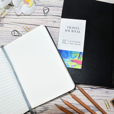 Artists Travel Journal is a bound journal with an elastic retaining band, place marker and expandable inner pocket.