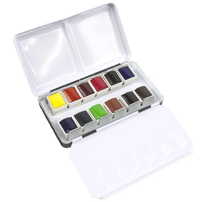 watercolour pocket box from Sennelier contains a selection of 12 L'Aquarelle ½ pan watercolours in a high quality metal tin with two palette areas in the lid and for mixing colours.