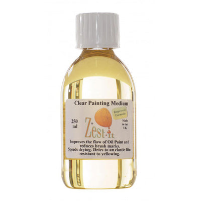 Zest-It Clear Painting Medium  is a mix of linseed stand oil and Zest-It Oil Paint Dilutant and Brush Cleaner and is used to thin oil paint, to improve the flow of the paint
