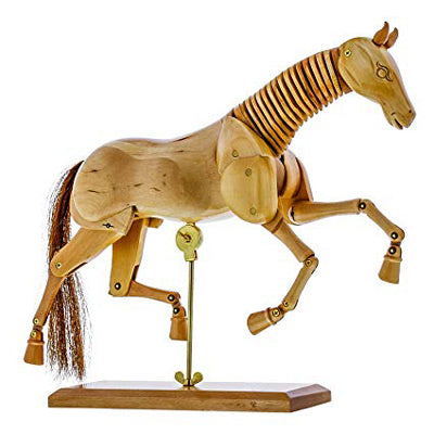 Wooden Horse Mannequin has articulated legs and head allowing for multiple poses.