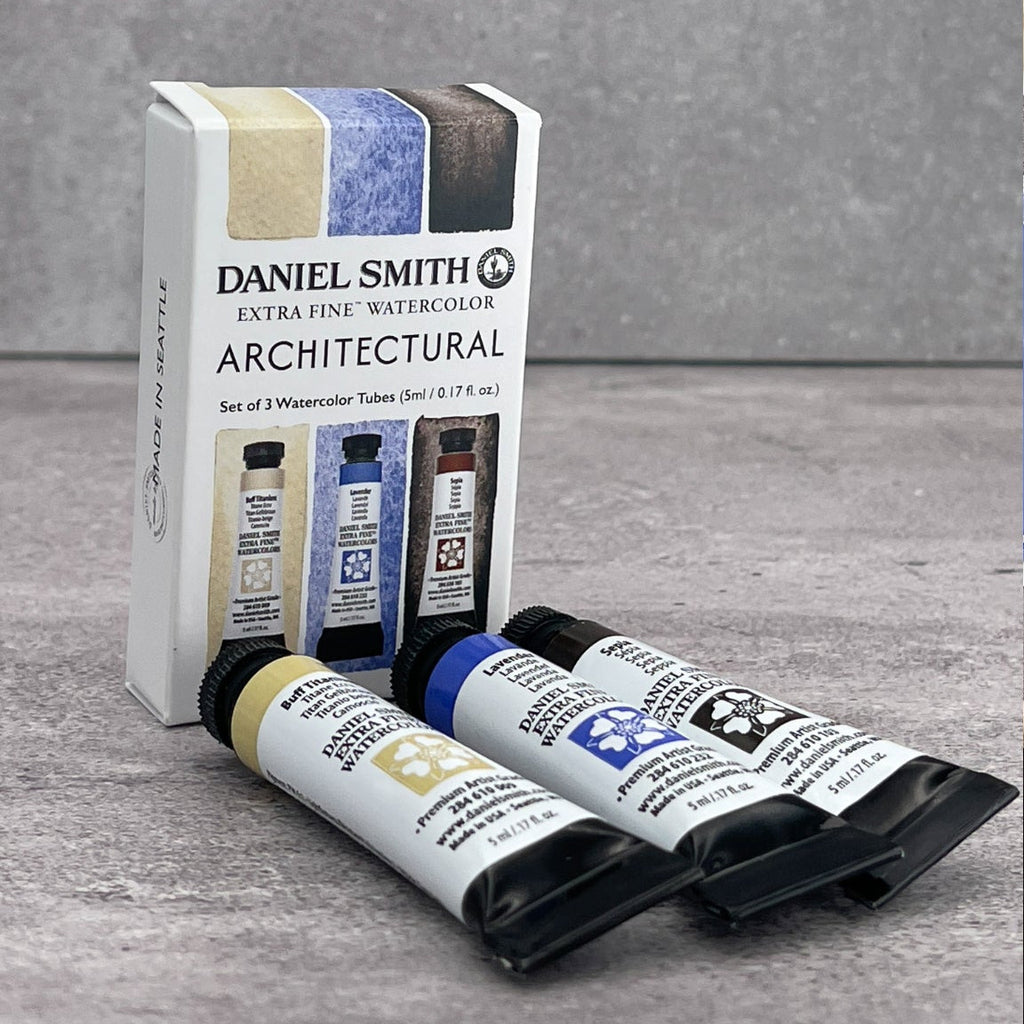 Daniel Smith architectural watercolor set with paint swatches.