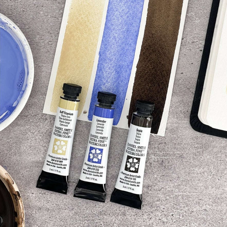 Daniel Smith architectural watercolor set with paint swatches.