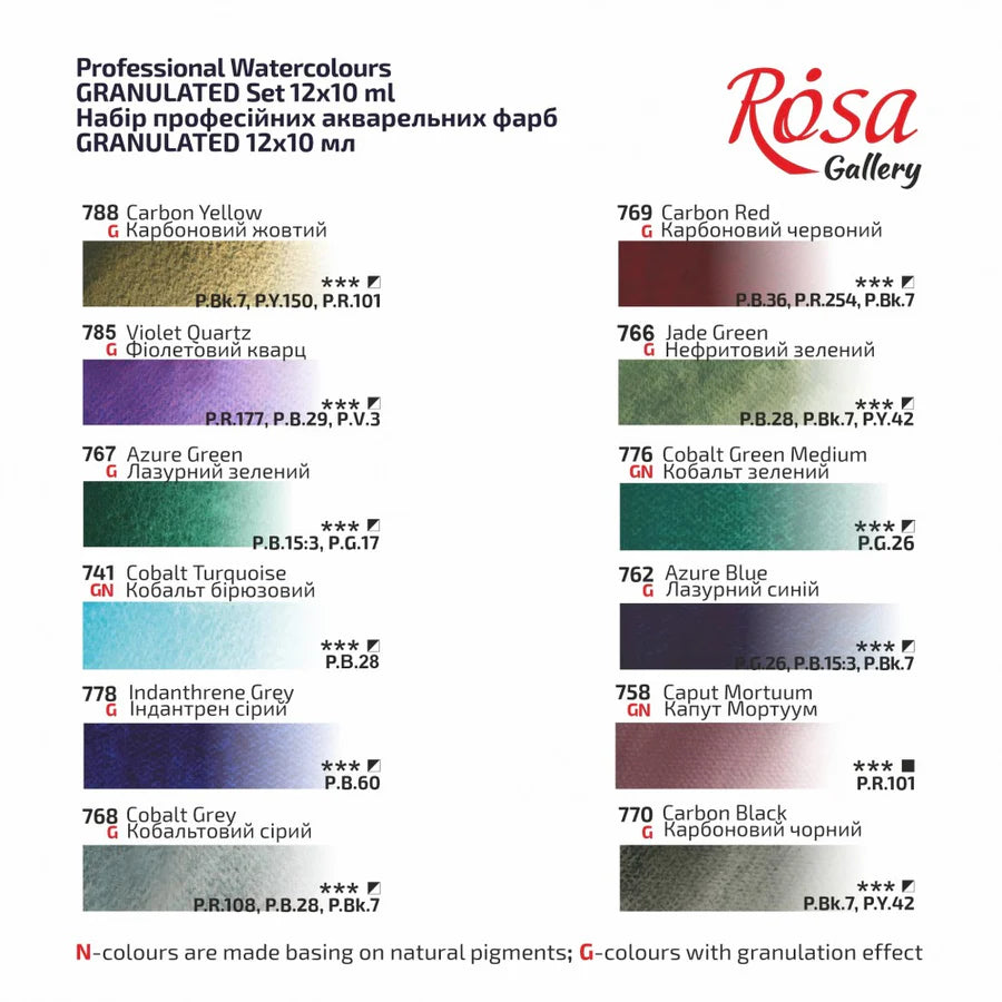 Rosa Gallery Fine Watercolours 10ml tubes - Granulation set of 12 – The ...