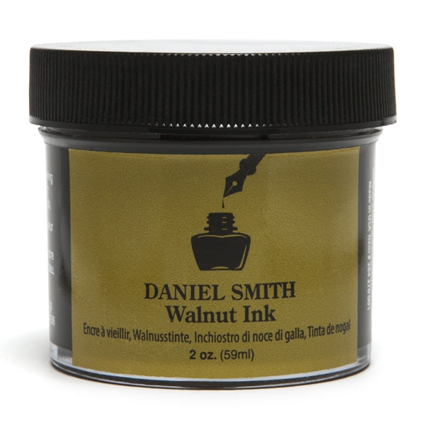 Jar of Daniel Smith Walnut Ink with black lid on a white background