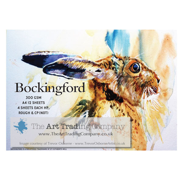 Pad contains 12 sheets of Bockingford 300gsm/140lb HP, NOT & Rough watercolour paper.