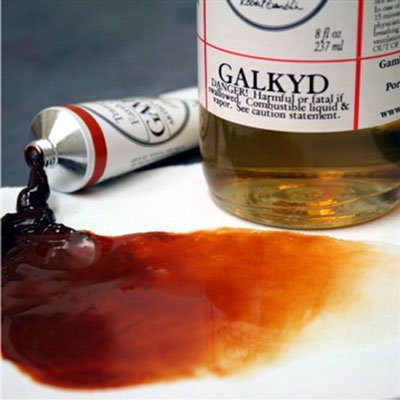 An alkyd resin painting medium that increases the fluidity of oil colours and speeds their drying time