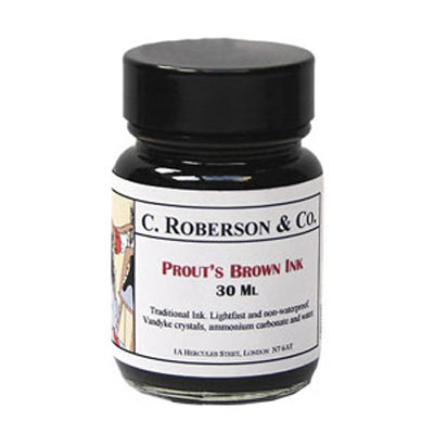 This medium brown, non-waterproof ink can be used in all types of pens.  It is based on Van Dyke crystals and is lightfast.  Dries to a satin finish.