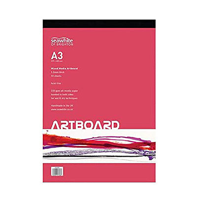 Seawhite Art Board pad contains 10 rigid art boards created with 1.2mm board and acid free, all-media 220gsm paper, adhered to both sides.