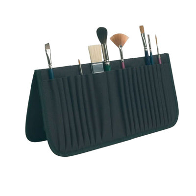 Fabric brush easel can hold approximately 20 brushes, both short and long handled.